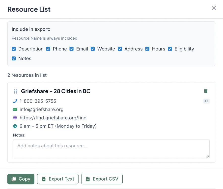 Keeper resource list for BCBH volunteers, with export field options, a saved grief support resource, and Copy, Export Text, and Export CSV buttons.