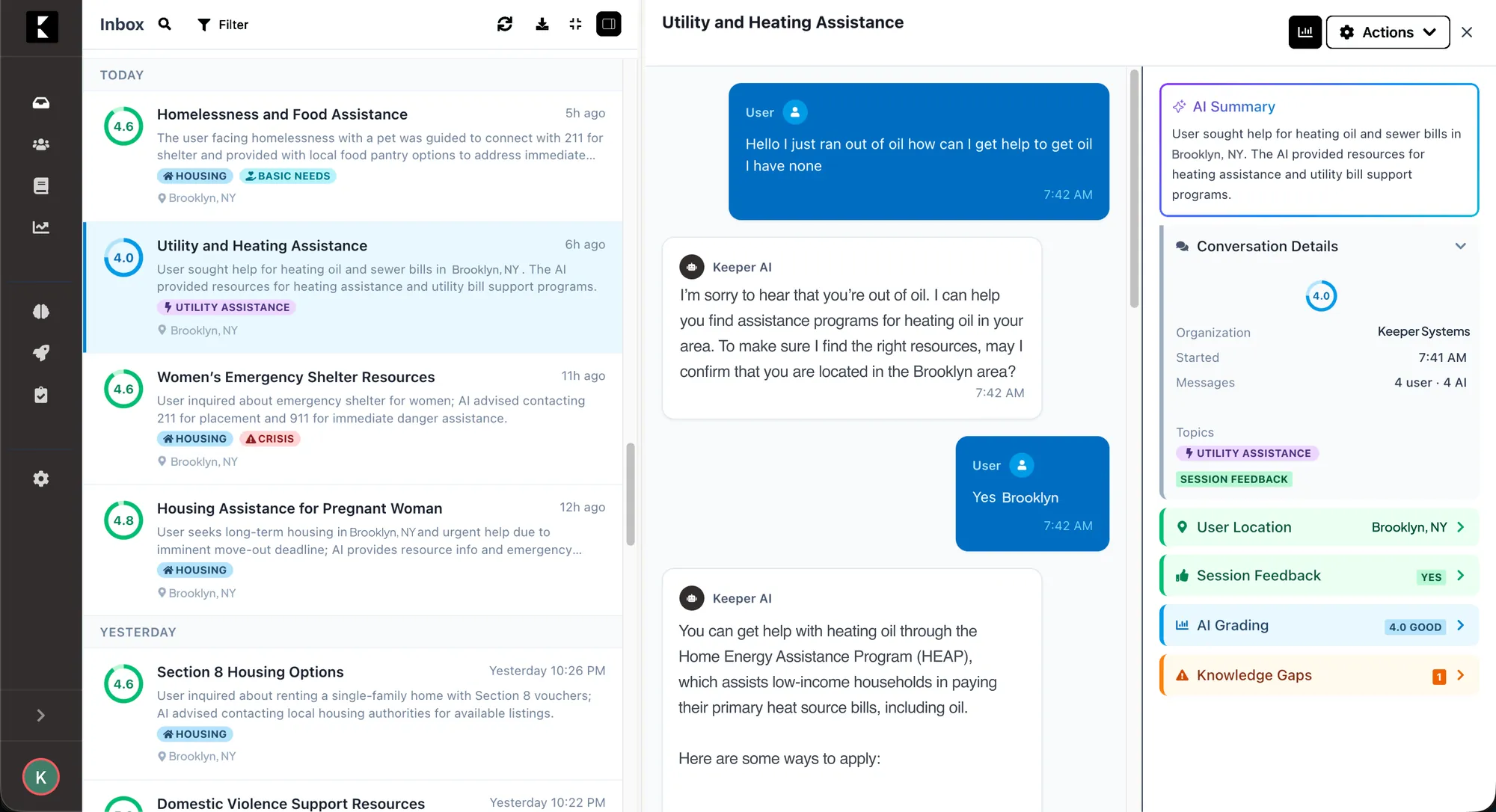 Keeper triage dashboard showing the inbox of social care conversations, an open utility and heating assistance case, and the AI summary panel with conversation details, AI grading, and knowledge gaps.
